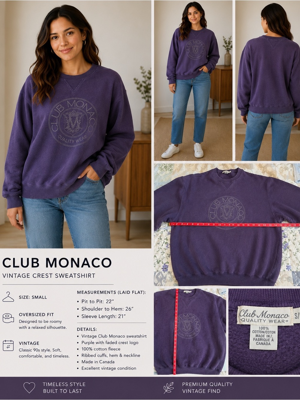 Vintage Club Monaco Heritage Purple Crest Sweatshirt Small | Made in Canada